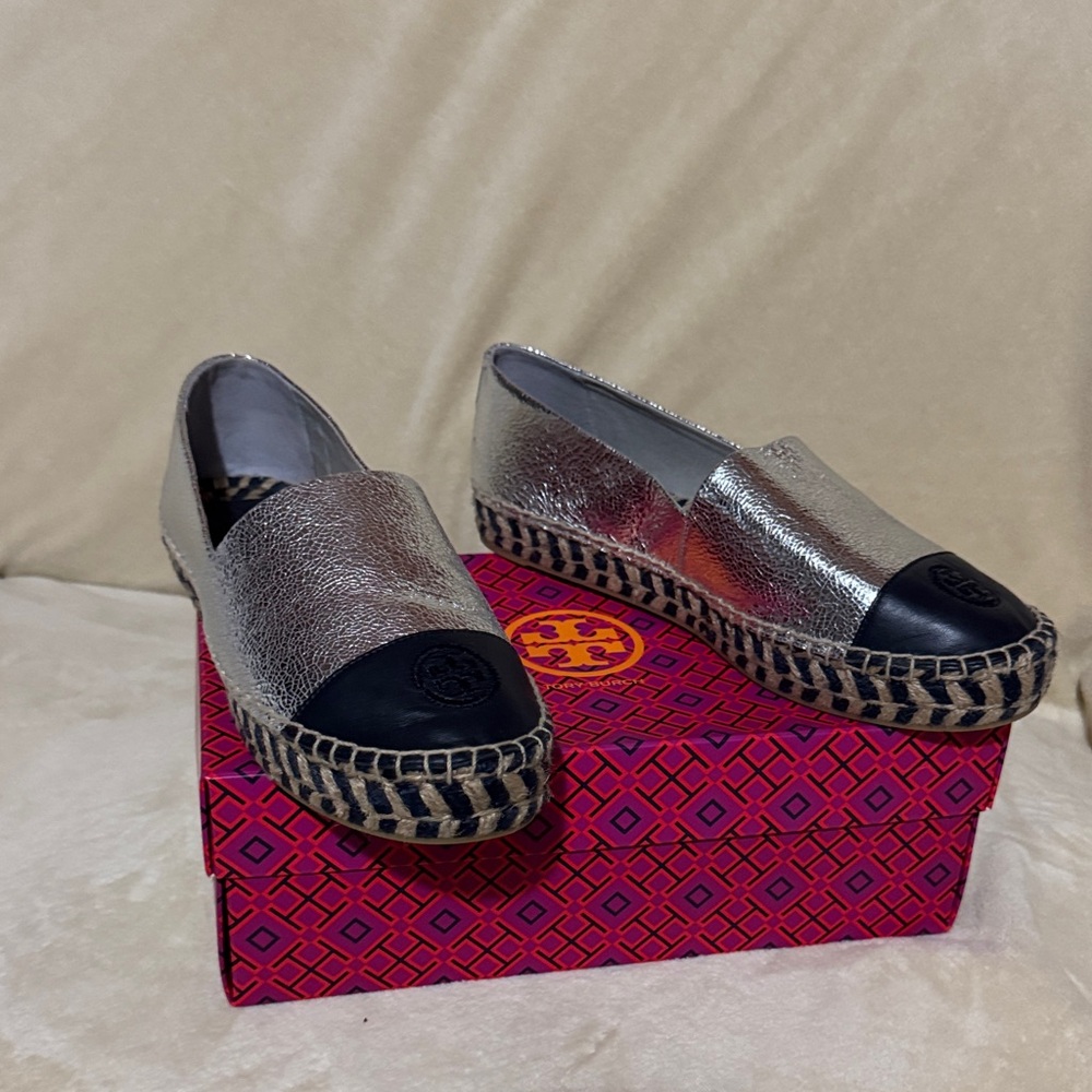 Tory Burch Silver and Black Espadrilles